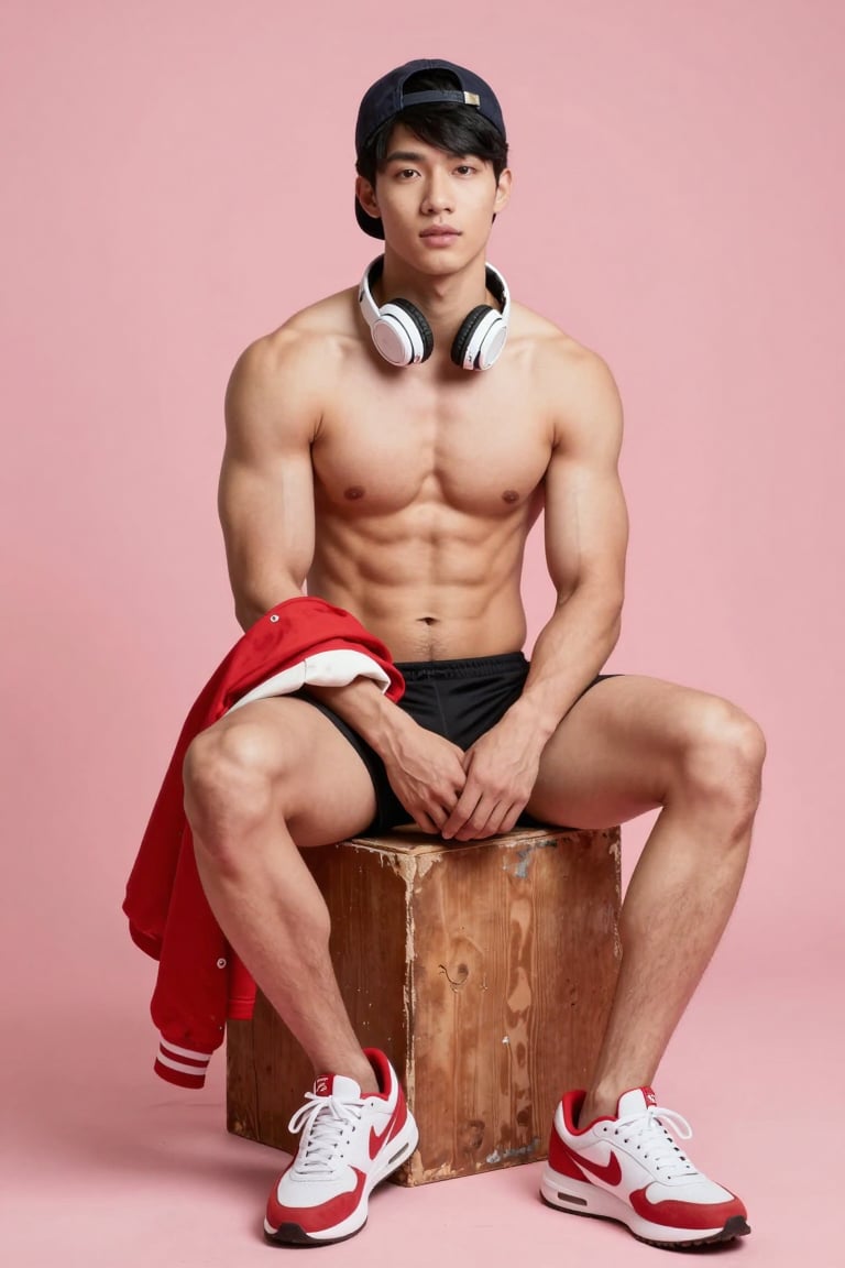 A young man with an athletic,  well-defined physique sits centered on a weathered wooden cube against a solid,  muted pink...
