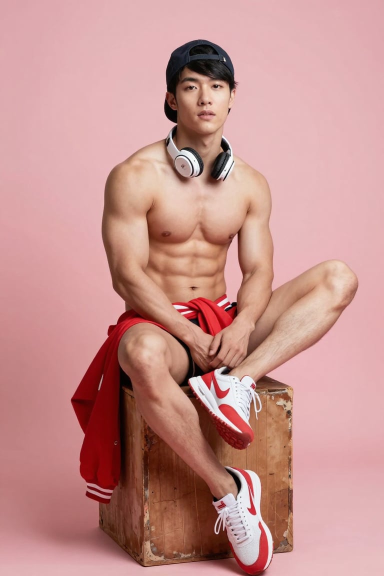 A young man with an athletic,  well-defined physique sits centered on a weathered wooden cube against a solid,  muted pink...