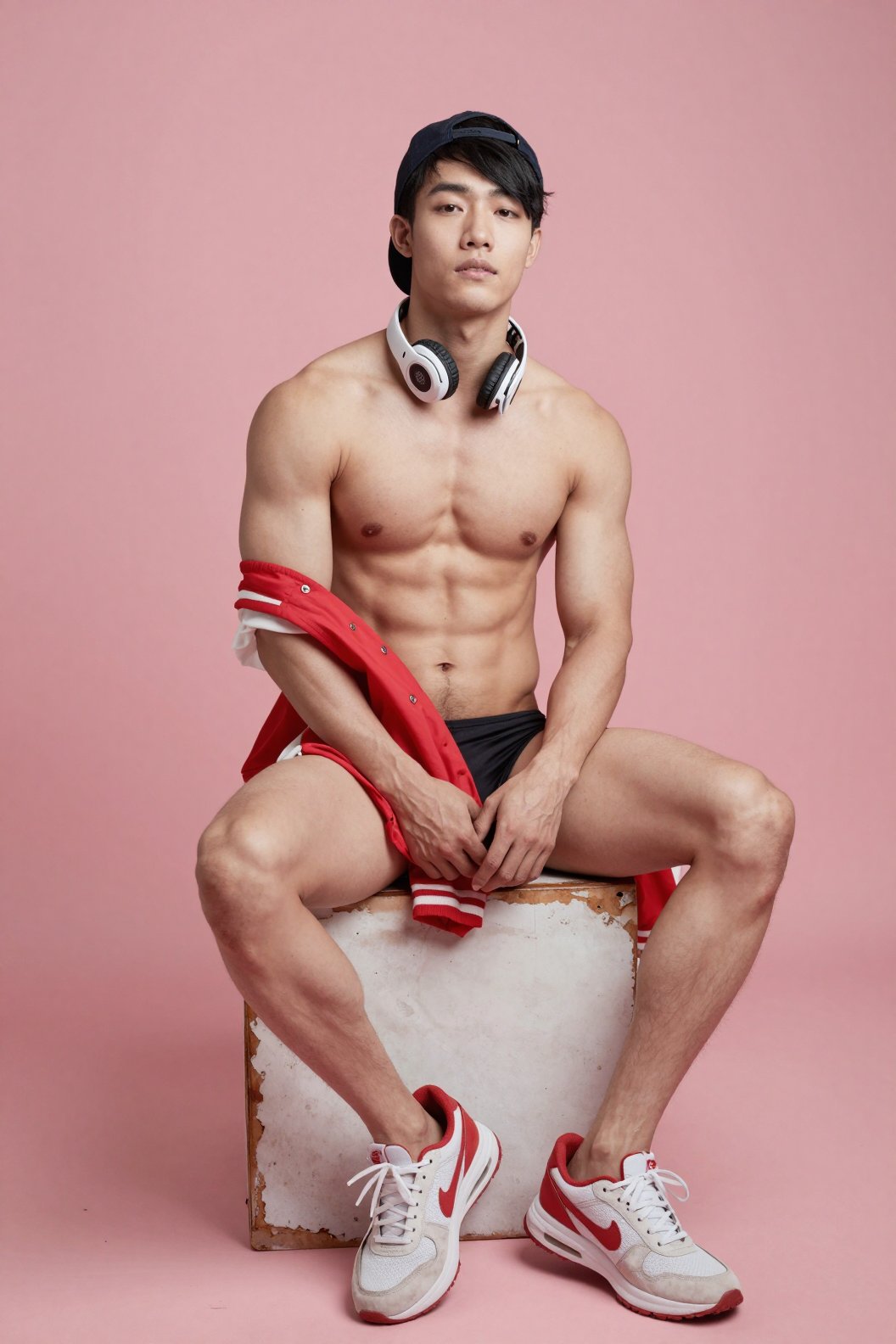 A young Asian man with an athletic,  well-defined physique sits centered on a weathered wooden cube against a solid,  mute...