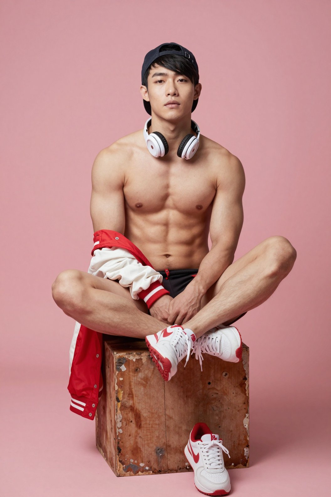 A young Asian man with an athletic,  well-defined physique sits centered on a weathered wooden cube against a solid,  mute...