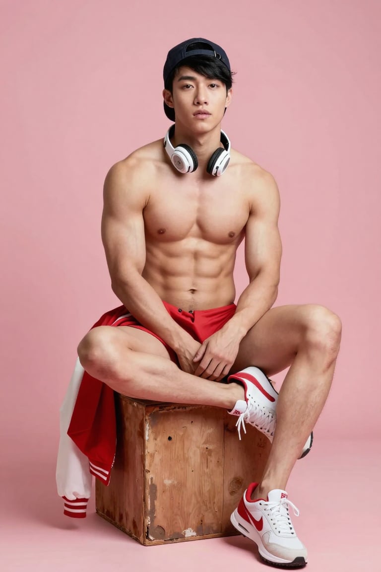 A young man with an athletic,  well-defined physique sits centered on a weathered wooden cube against a solid,  muted pink...