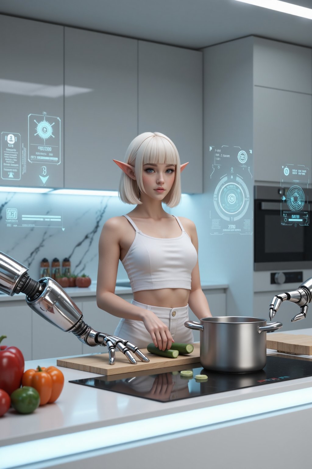 Sci-fi cinematic scene,  futuristic smart kitchen interior,  platinum blonde female elf with pointed ears and short bob ha...