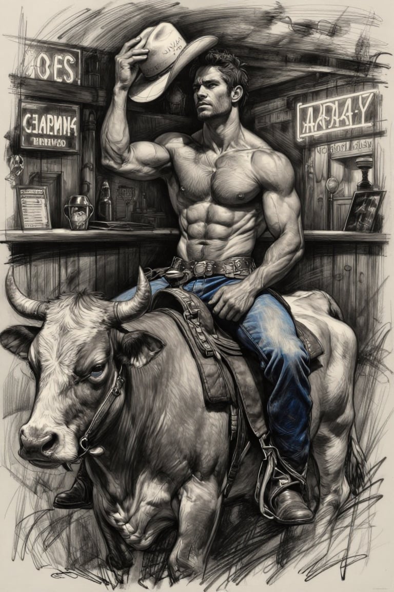 The image depicts a shirtless man with a rugged,  muscular build sitting on a cow. He is wearing a plaid shirt tied around...