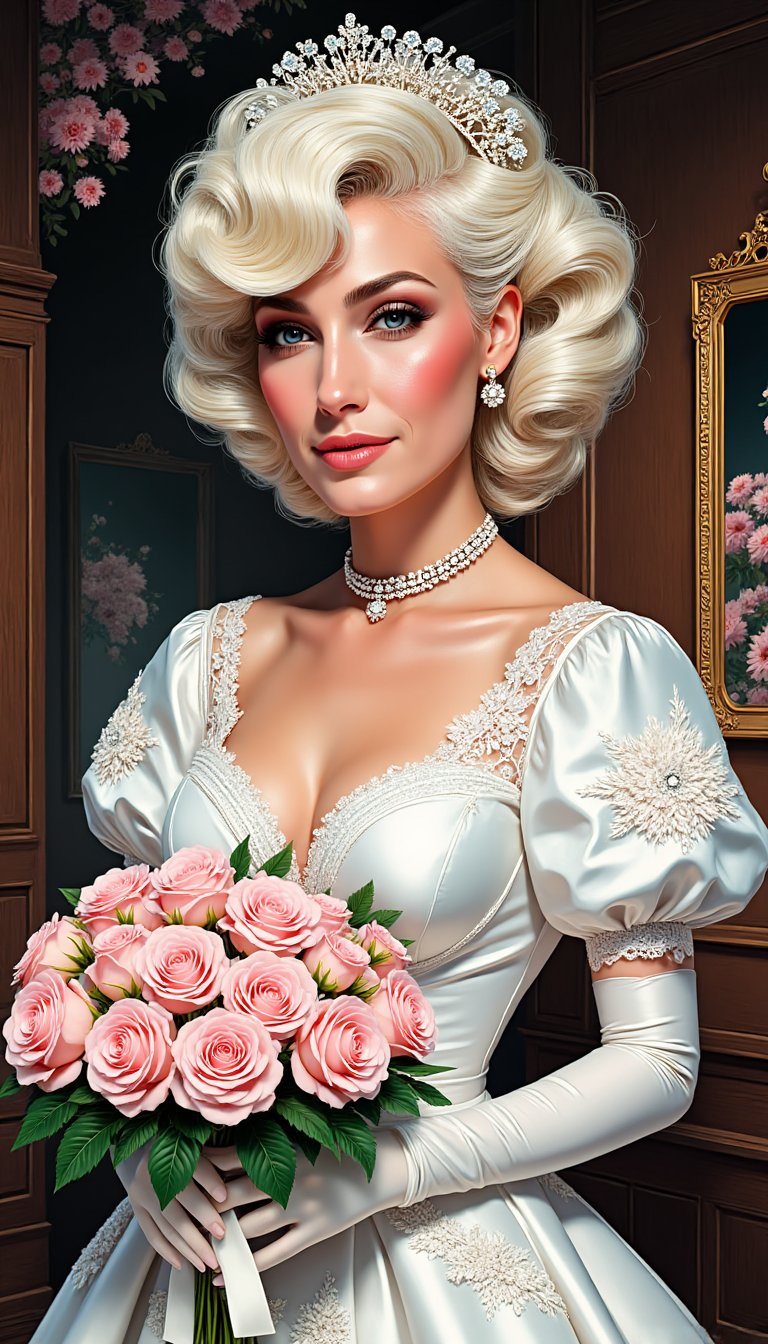 A highly detailed digital portrait of a beautiful young woman with short voluminous,  curly platinum blonde hair cascading...