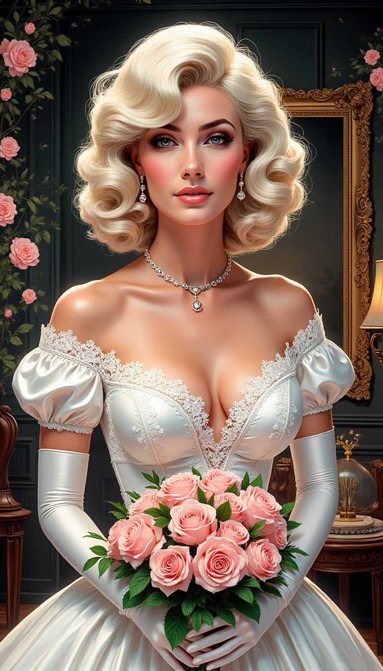 A highly detailed digital portrait of a beautiful young woman with short voluminous,  curly platinum blonde hair cascading...