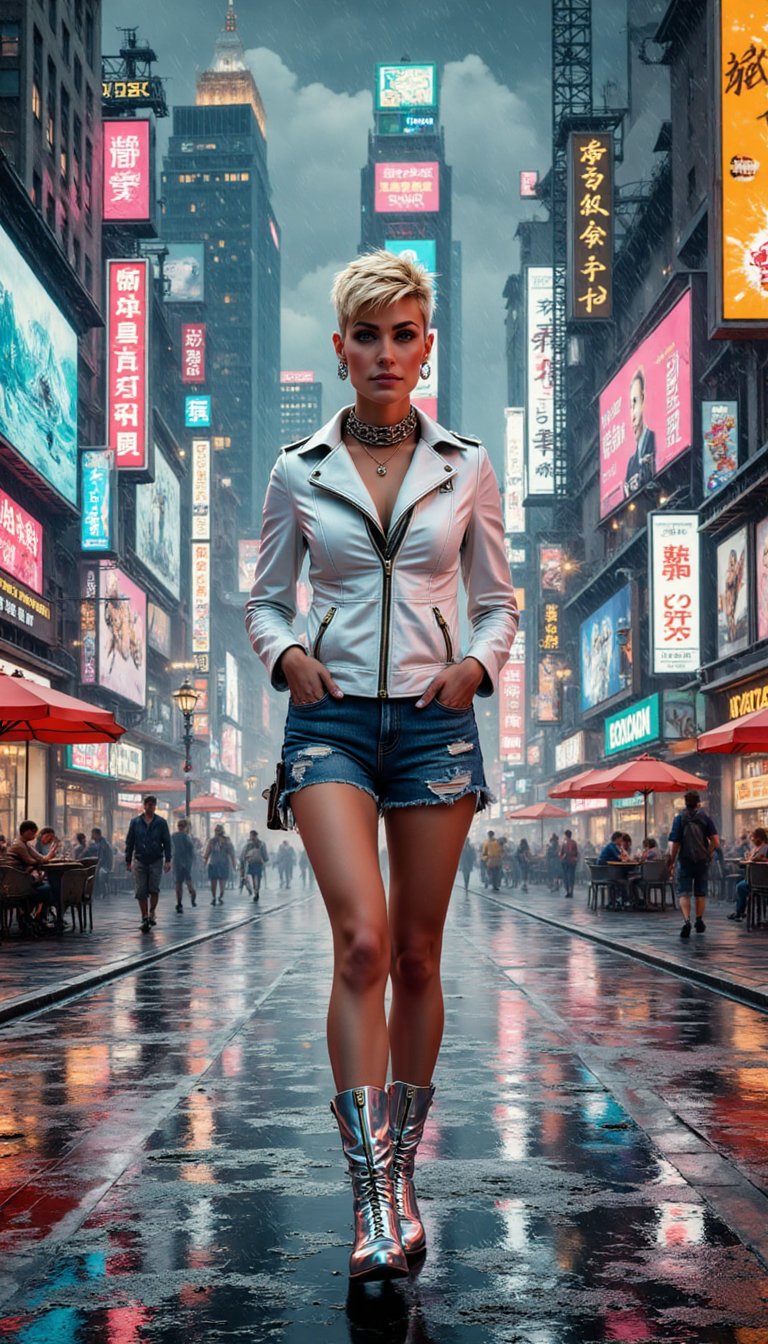 Young woman with a super short blonde pixie haircut,  wearing a futuristic white leather jacket and silver boots,  walking...