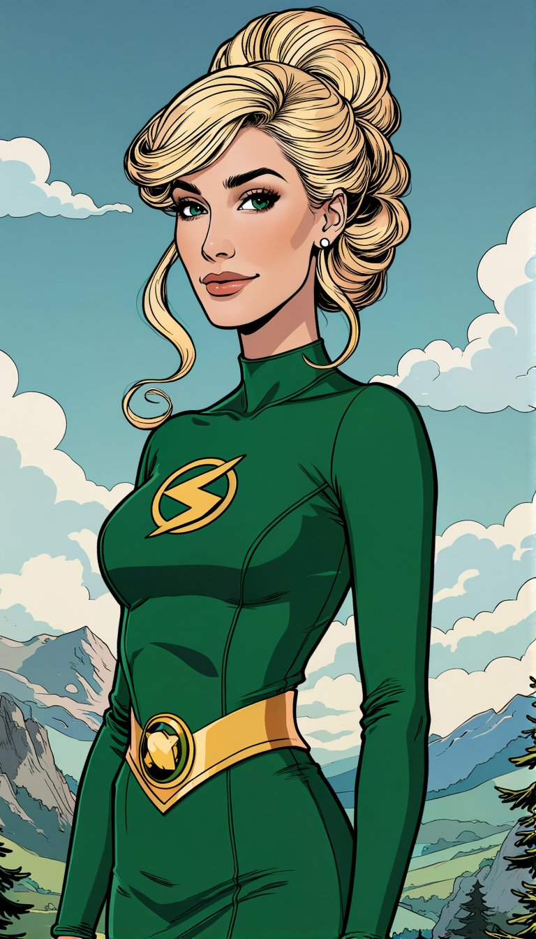 Comic character Enchantress,  line art with thick ink outlines,  green hero dress attire by VisionBlue on Tensor.Art