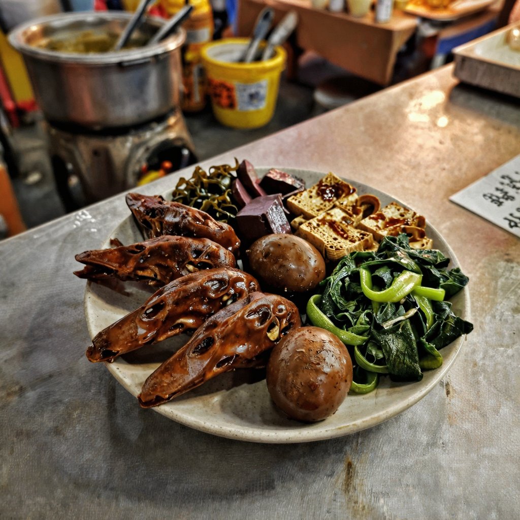 超寫實食物攝影,  水平視角、眼平構圖,  六顆台灣滷鴨頭（Lu Duck Head／滷鴨頭）整齊排列於傳統陶瓷盤中。鴨頭滷製呈深棕至紅褐色 by Pigman on Tensor.Art