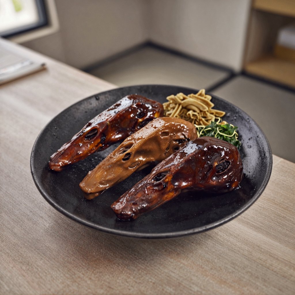 超寫實食物攝影,  水平視角、眼平構圖,  三顆台灣滷鴨頭（Lu Duck Head／滷鴨頭）以高級餐廳擺盤方式呈現 by Pigman on Tensor.Art