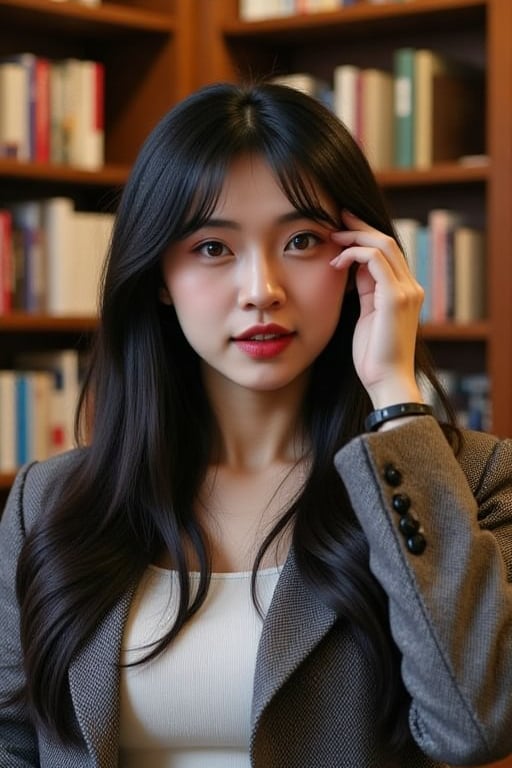 Sophisticated Asian woman in a library setting,  wearing a smart casual dress and a grey tweed jacket,  85mm lens by Socia...