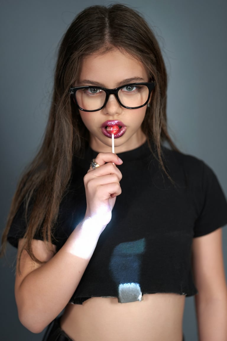 Portrait of Mixxy. She is wearing a crop top and glasses. She is holding a lollipop near her shiny lips. by turnbo on Tens...