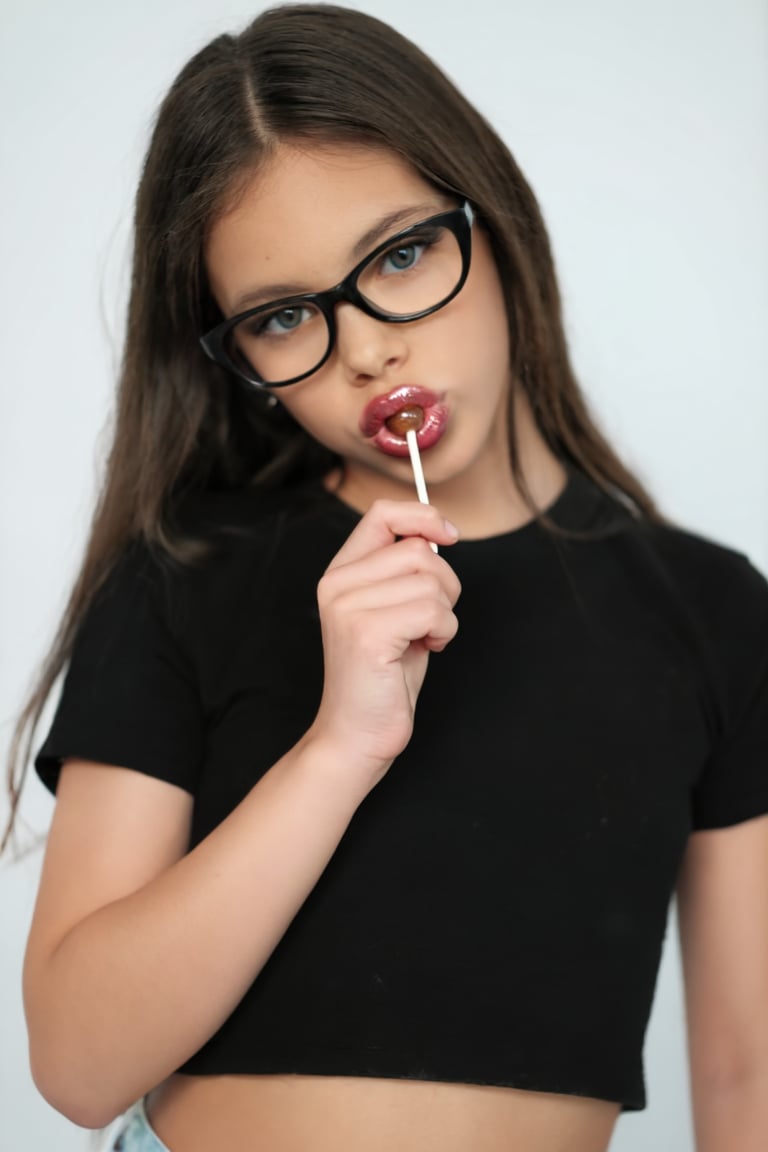 Portrait of Mixxy. She is wearing a crop top and glasses. She is holding a lollipop near her shiny lips. by turnbo on Tens...