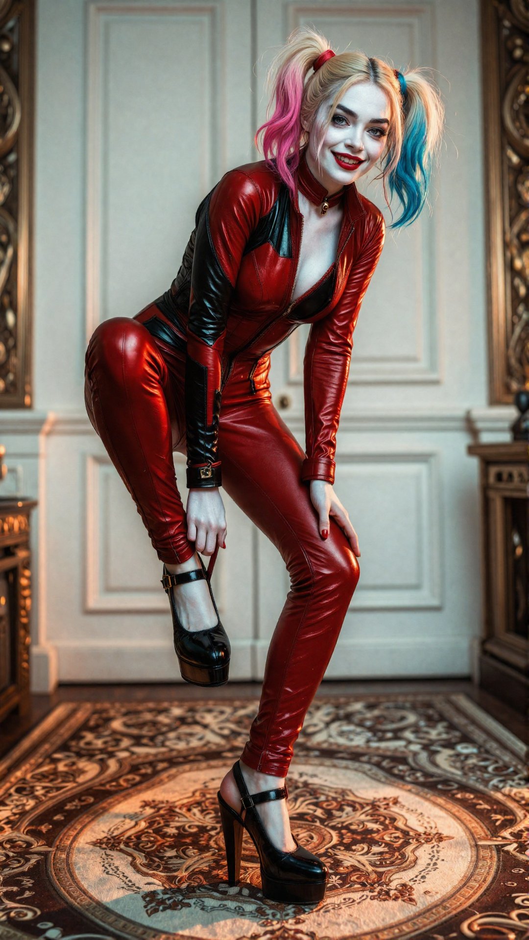 Prompt: A hyper-realistic cinematic portrait of Harley Quinn with all-over chalk-white pale skin. She is wearing a glossy...