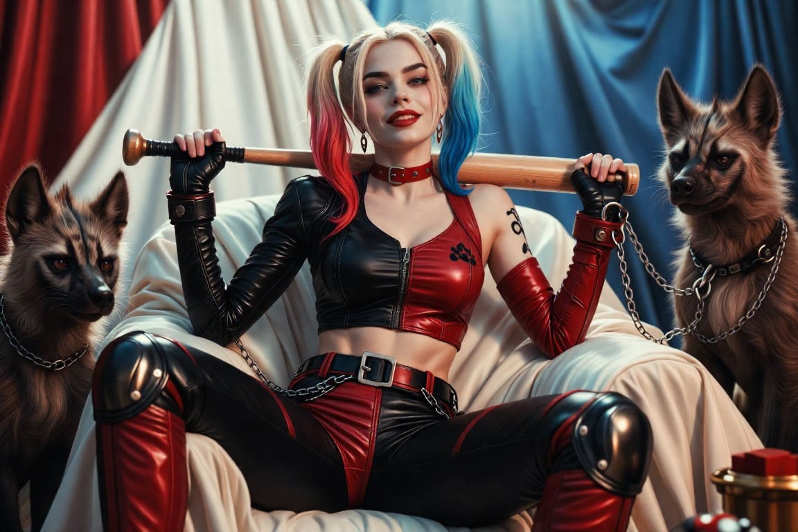 **Prompt (Photorealistic Version)** Photorealistic portrait of **Harley Quinn** seated confidently on luxurious draped fab...