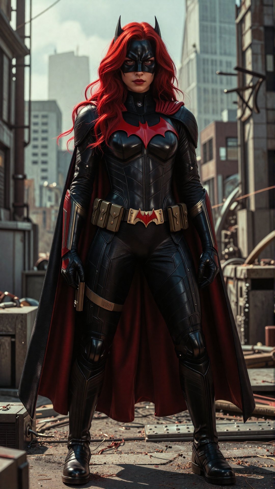 1. ภาพรวม (General Overview) Hyper-realistic full-body portrait of Batwoman,  tactical superhero armor,  highly detailed t...