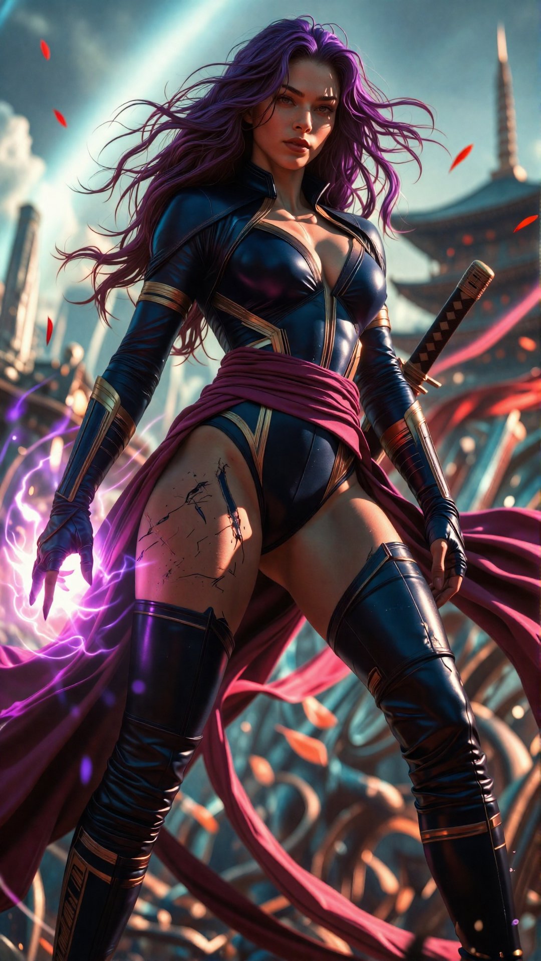 **Prompt (Photorealistic Version)** Photorealistic portrait of **Psylocke (Kwannon)** standing above the viewer in a domin...