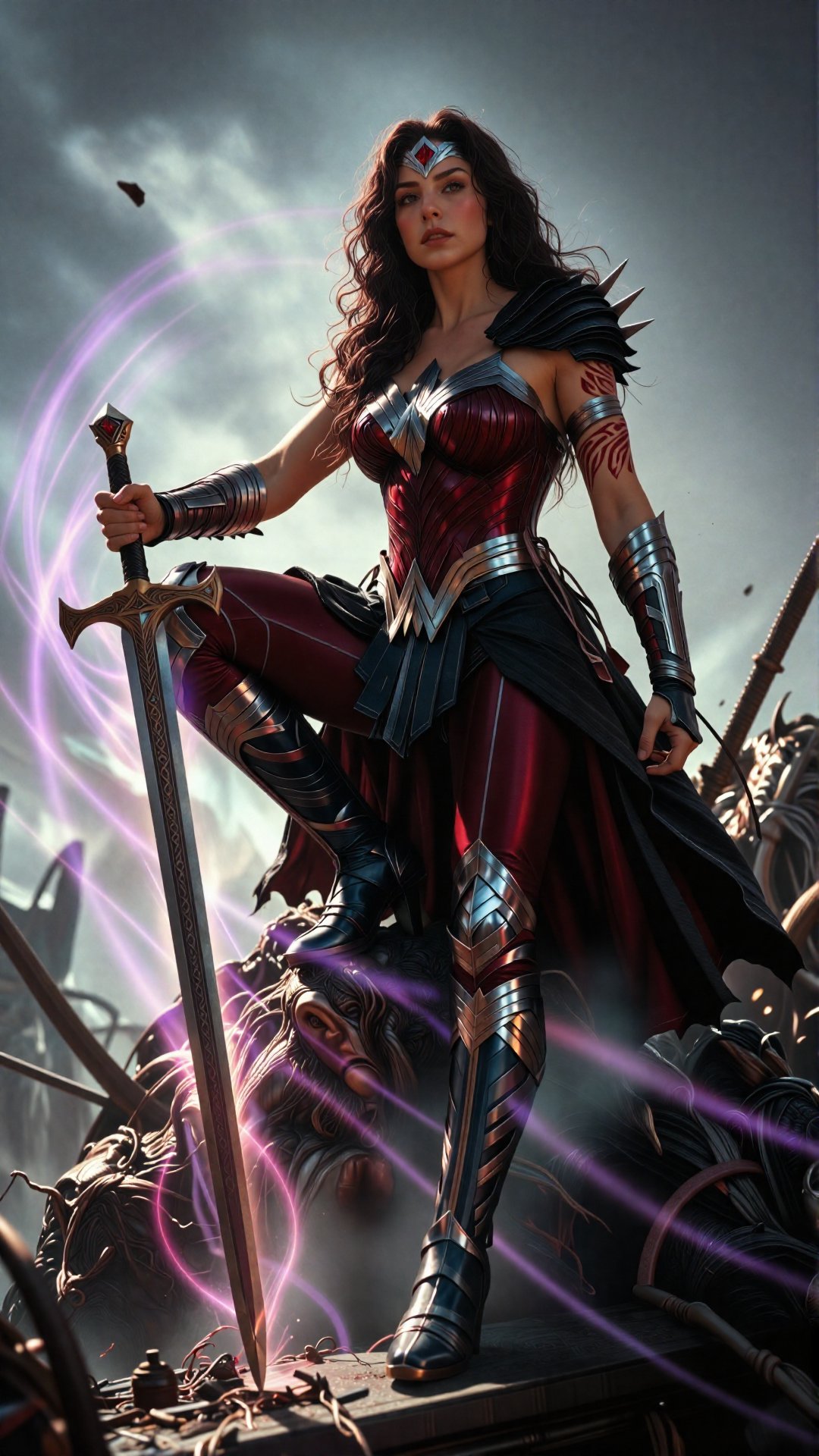 **Prompt (Photorealistic Version)** Photorealistic portrait of **Wonder Woman** in a dark fantasy battle interpretation,...
