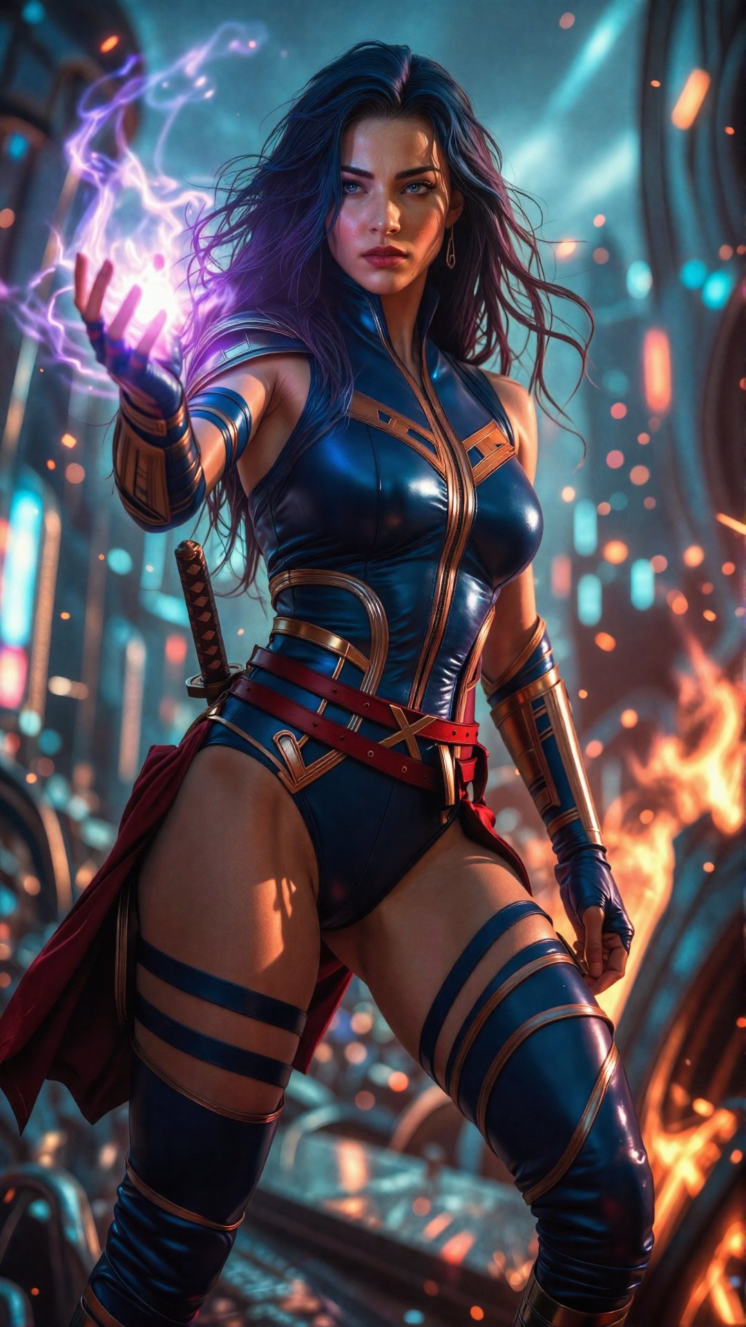 A lifelike portrait of Asian woman **Psylocke** in a combat-ready pose,  extending her left hand towards the camera,  a gl...