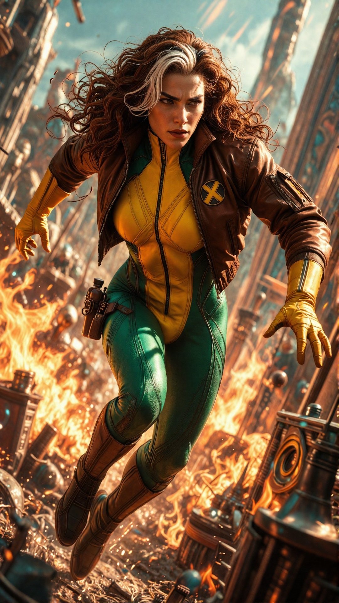 1. General Overview: Hyper-realistic cinematic action shot of Rogue from X-Men. Features high-fidelity skin textures,  int...