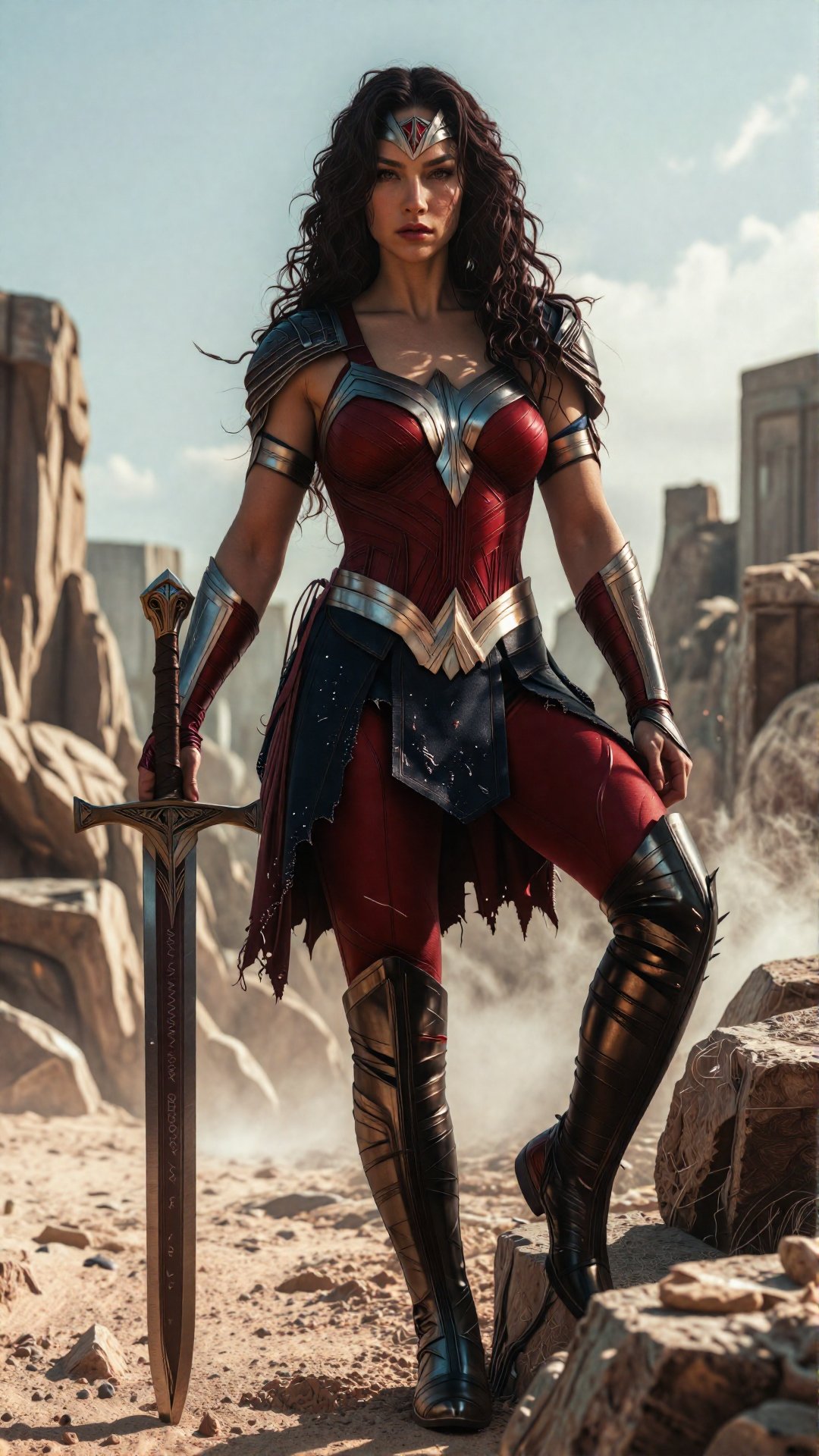 A lifelike portrait of Absolute Wonder Woman's muscular physique in a battle-hardened fantasy warrior look,  standing besi...