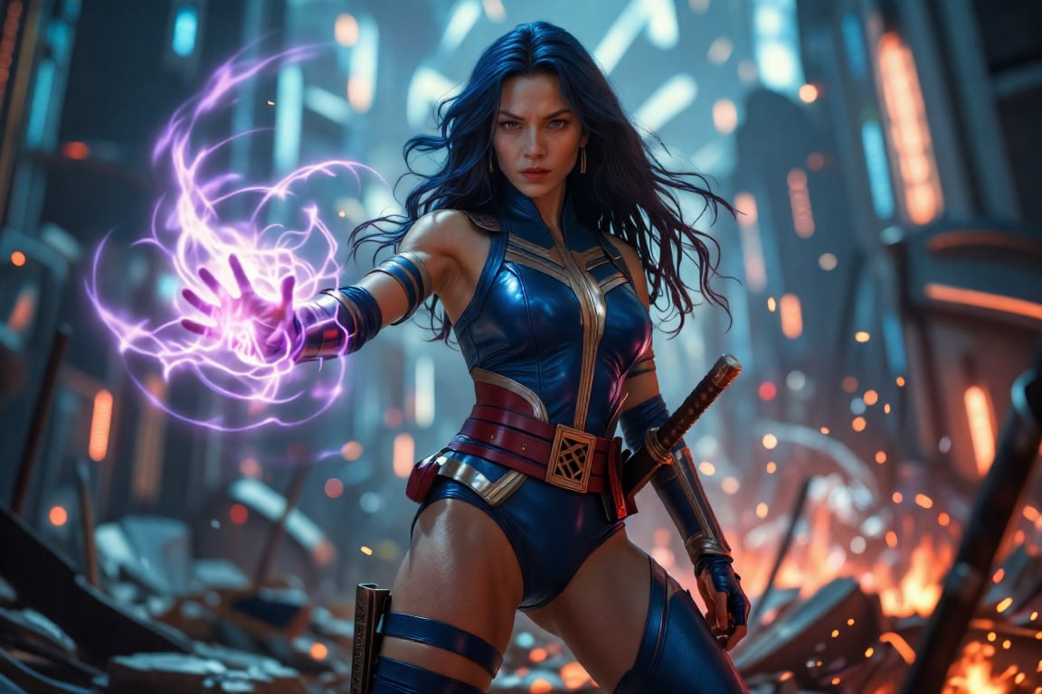 A lifelike portrait of Asian woman **Psylocke** in a combat-ready pose,  extending her left hand towards the camera,  a gl...