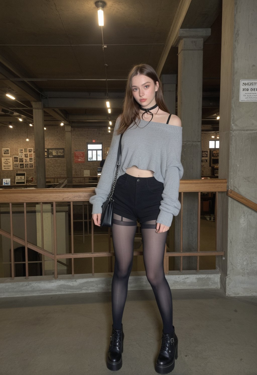 an ultra wide angle photograph captures a young woman standing centrally in a rustic,  industrial-chic indoor venue with r...
