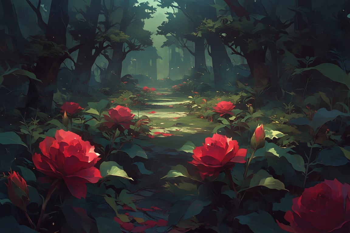 The image depicts a serene and vibrant forest scene. In the foreground,  there are numerous large,  vividly colored flower...