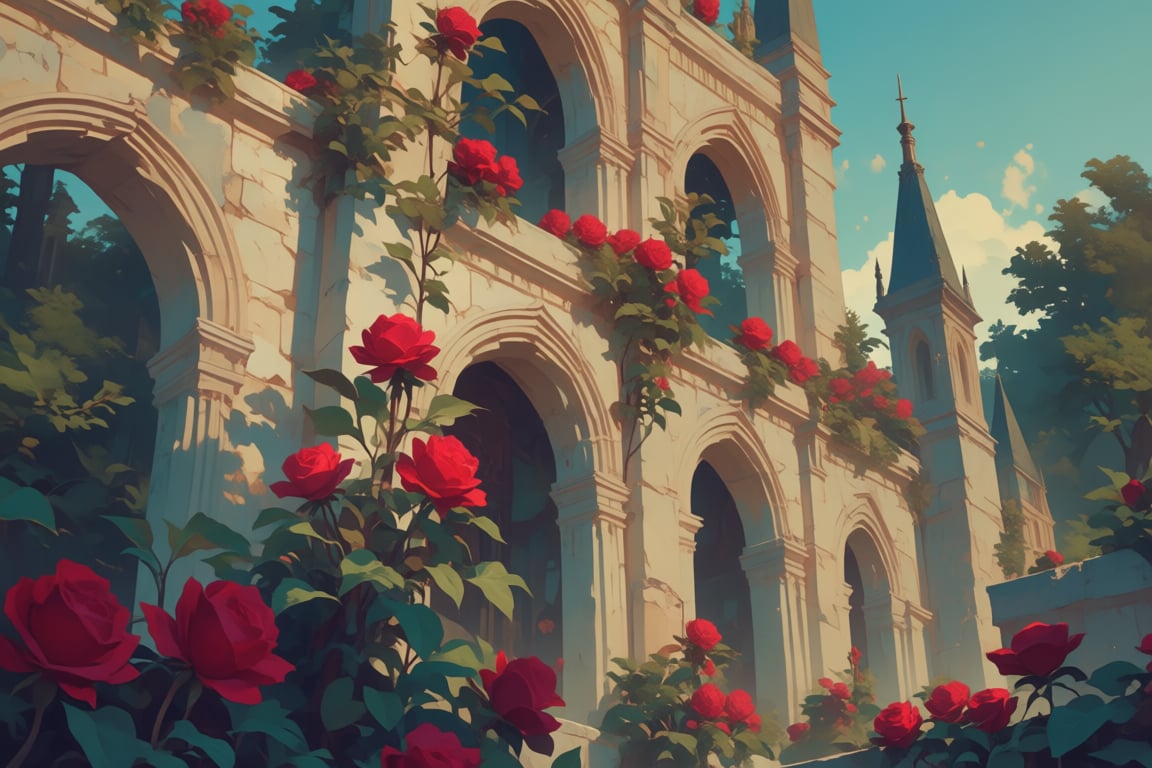 The image depicts a scene of a stone wall adorned with vibrant red roses. The roses are lush and appear to be climbing up...