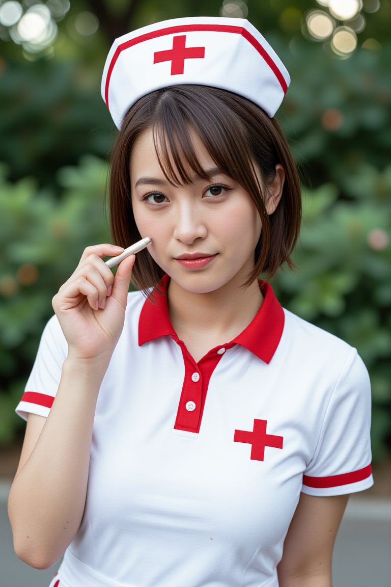 deeZAA_V1,  1 girl,  wear cosplay nurse outfit white and red theme in outdoors by MAEN_CG on Tensor.Art