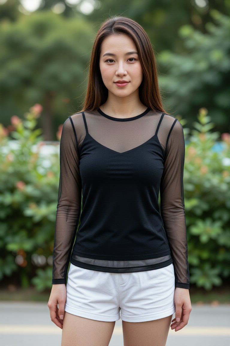 deeZAA_V1,  1 girl,  wear black outfit sheer with white short in outdoors by MAEN_CG on Tensor.Art