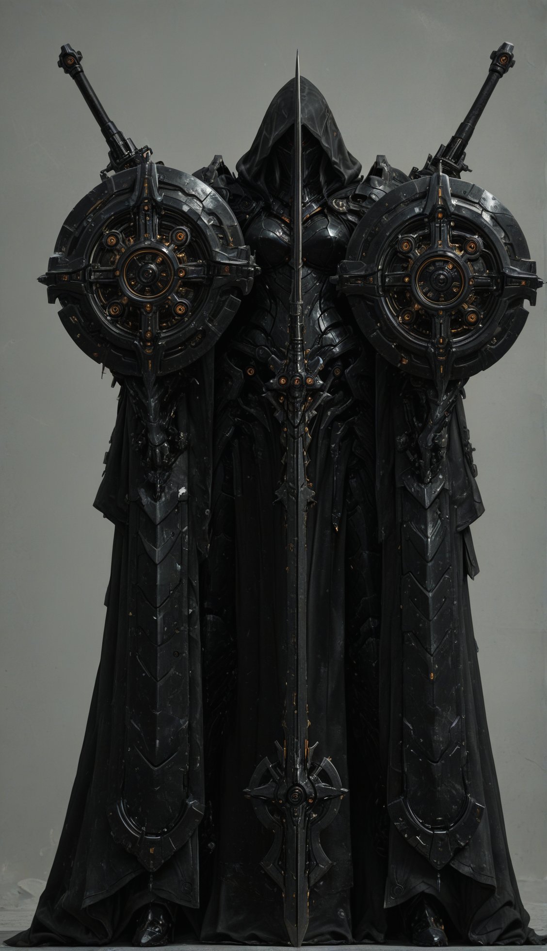 Massive black knight mech with obsidian armor plating and intricate exposed mechanical structures. Large angular shield co...