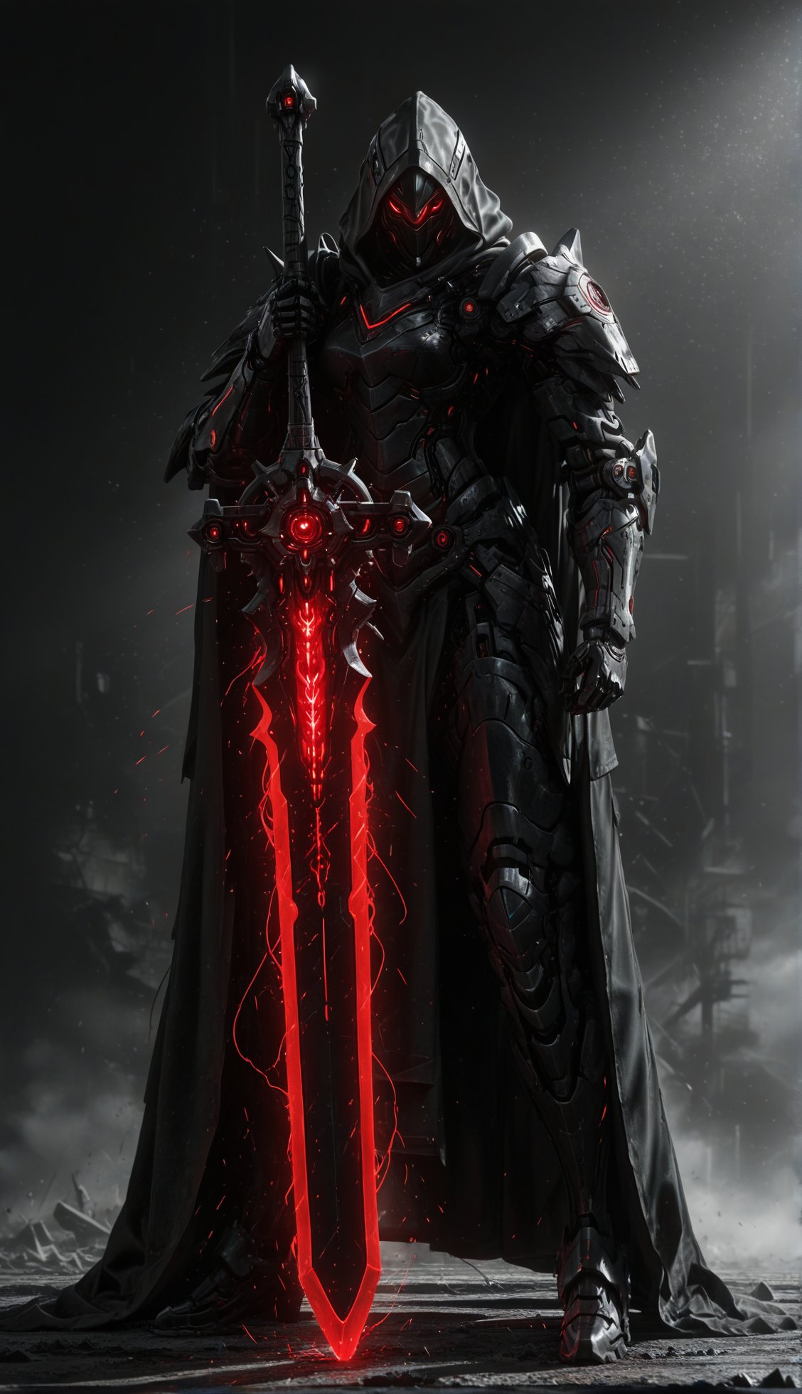 Giant futuristic knight mech clad in matte black armor with crimson glowing energy channels. Hooded helmet,  armored cape,...