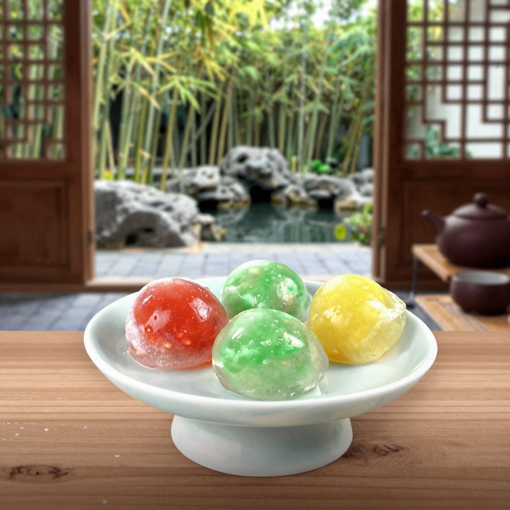 超写实美食摄影,  以正宗台湾凉圆（Liang Yuan／Chilled Crystal Dumplings／涼圓／凉圆）为主体。水平视角,  眼平构图。三颗凉圆整齐摆放于精致陶瓷甜点盘中。每颗凉圆呈现不同半透明色彩：红色、绿色与黄色。外皮晶莹...