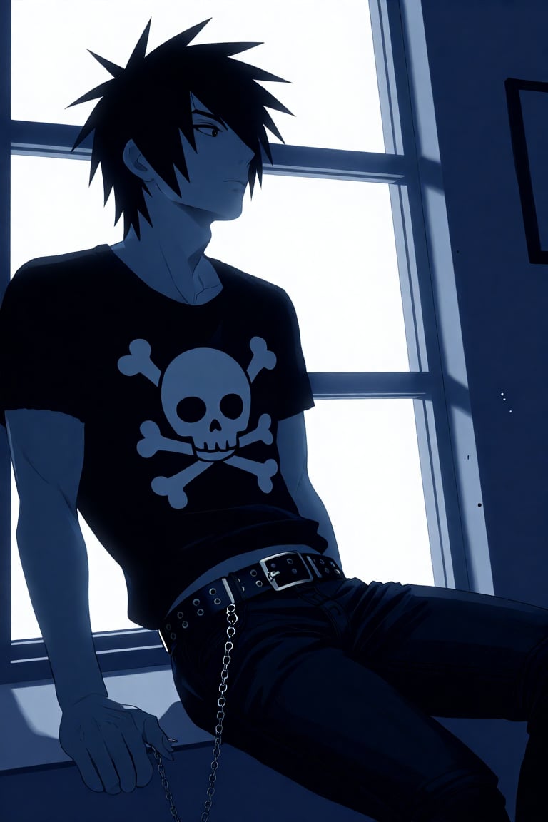 omyobe. This digital illustration depicts a person with spiky,  dark hair sitting in a casual,  reclined pose on a window...