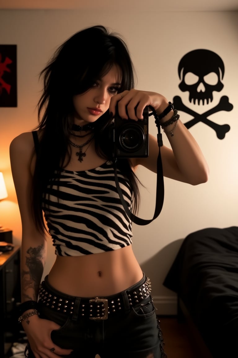 omyobe. Create an image where an emo girl takes a selfie in a dimly lit room with a stark white wall. She wears a black an...