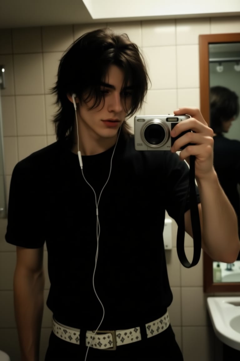 omyobe,  C☆MBOY. Create an image of an emo boy taking a selfie in front of a mirror. He is wearing a black t-shirt and has...