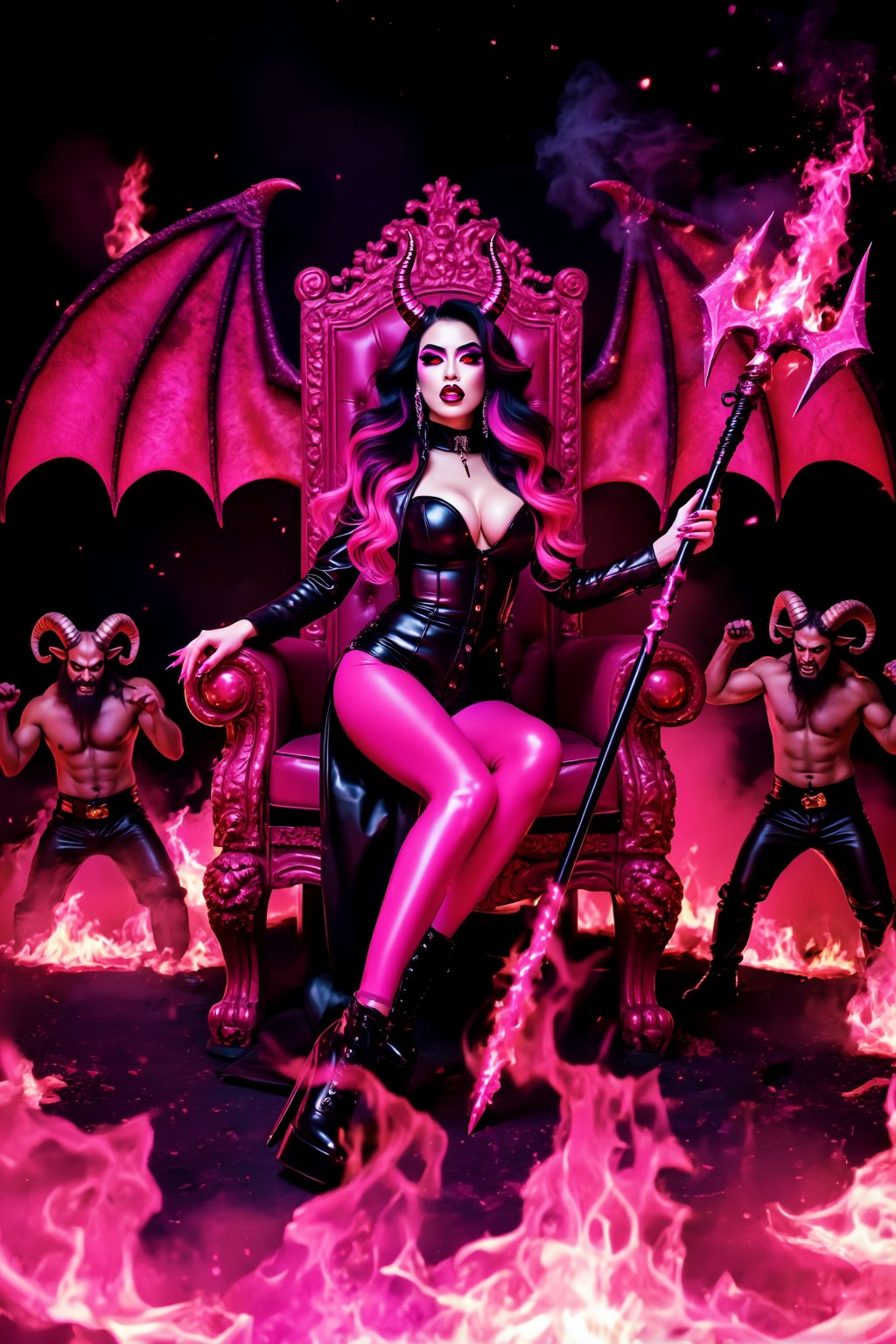 A busty chick with huge ruby ​​red demon wings (like bat-like wings) with a lustful expression on her face,  wearing a bla...