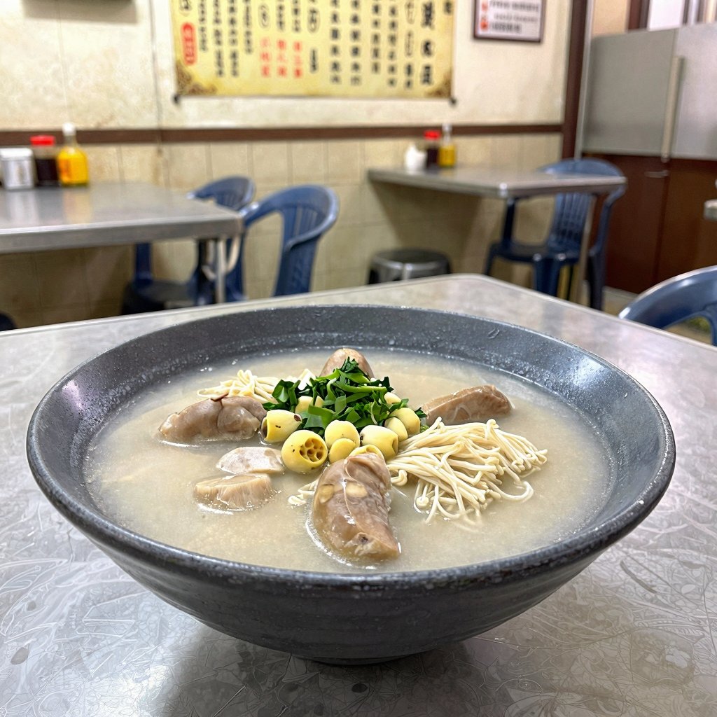 超リアルなフードフォトグラフィー。本場台湾の四神湯（Four Herbs Soup / Sishen Soup / モツ入り薬膳スープ）を主題とする。アイレベルの水平構図。伝統的な台湾陶磁器の碗が、台湾の昔ながらの街角朝食店のステンレステーブル...