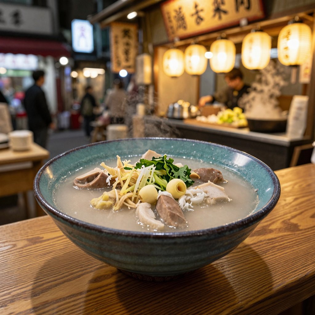 超リアルなフードフォトグラフィー。本場台湾の四神湯（Four Herbs Soup / Sishen Soup / 四神汤 / モツ入り薬膳スープ）を主題とする。アイレベル水平構図。伝統的な台湾陶磁器のスープ碗が、夜市の薬膳屋台の木製カウンター...