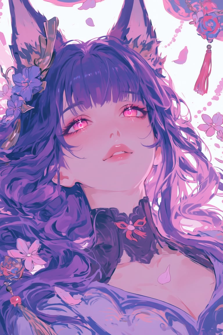 Create a dreamy illustration of a female character with fox ears,  long purple hair flowing gracefully,  and pink eyes shi...