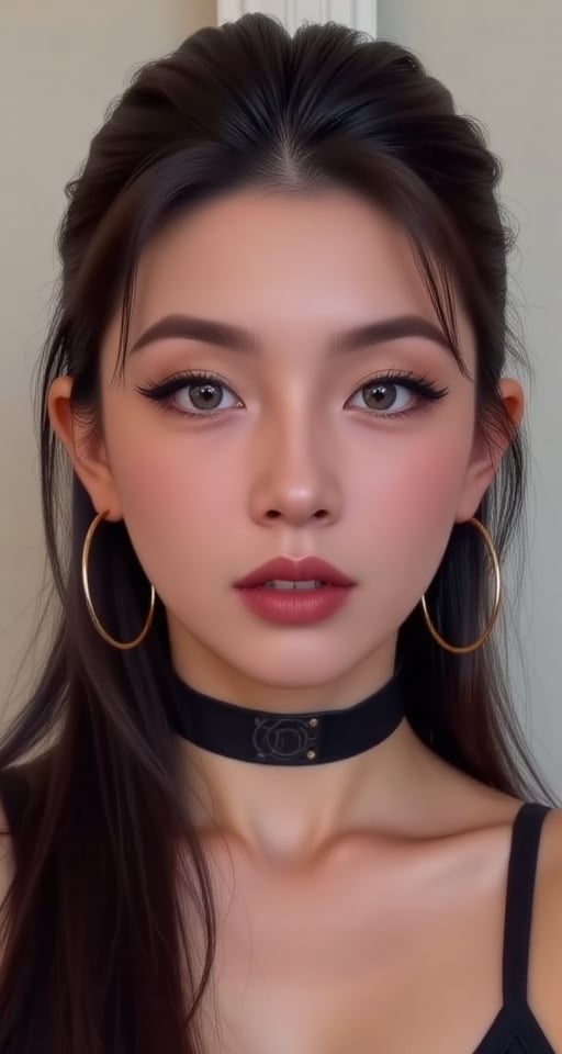 1girl solo looking at viewer black hair jewelry multicolored hair earrings parted lips two-tone hair lips portrait hoop ea...