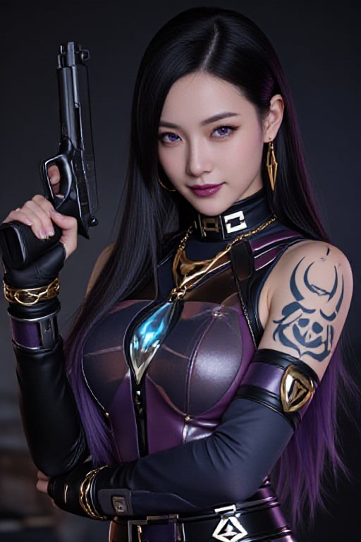 1girl solo long hair breasts looking at viewer smile black hair holding jewelry medium breasts closed mouth purple eyes up...
