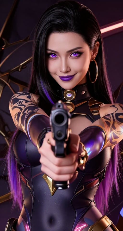 1girl solo long hair breasts looking at viewer smile black hair holding jewelry medium breasts closed mouth purple eyes up...