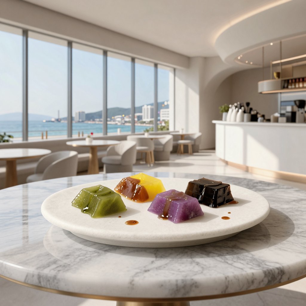 Ultra-realistic food photography featuring Taiwanese Fen Guo (粉粿) as the main subject. Eye-level horizontal composition,...