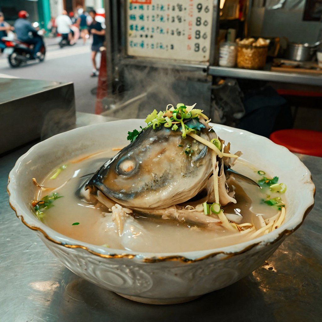 超写实美食摄影,  以正宗台湾虱目魚頭湯（Milkfish Head Soup／沙巴鱼头汤）为主题。水平视角（Eye-level horizontal composition）,  真实食物摄影风格 by Pigman on Tensor.Art