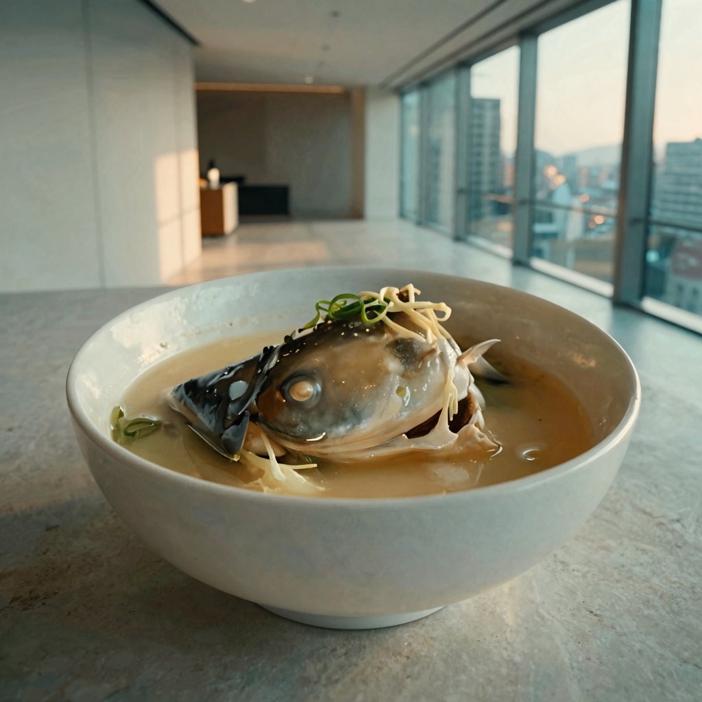 超写实美食摄影,  以正宗台湾虱目魚頭湯（Milkfish Head Soup／沙巴鱼头汤）为主题。水平视角（Eye-level horizontal composition）,  现代生活方式摄影 by Pigman on Tensor.Art