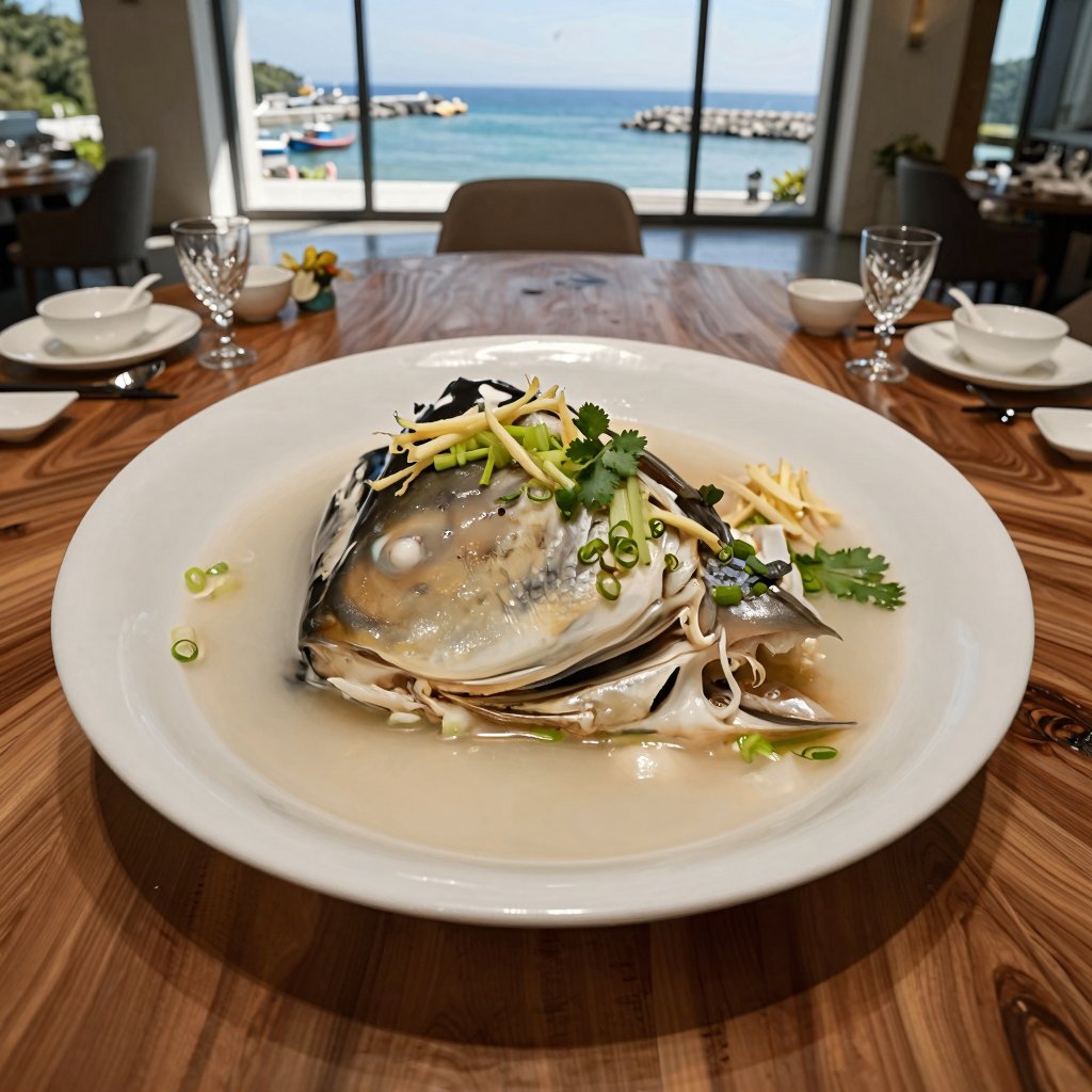 超寫實美食攝影,  以正宗台灣虱目魚頭湯（Milkfish Head Soup／虱目魚頭湯／サバヒー頭スープ）為主題。水平視角（Eye-level horizontal composition）,  真實食物攝影風格 by Pigman on...