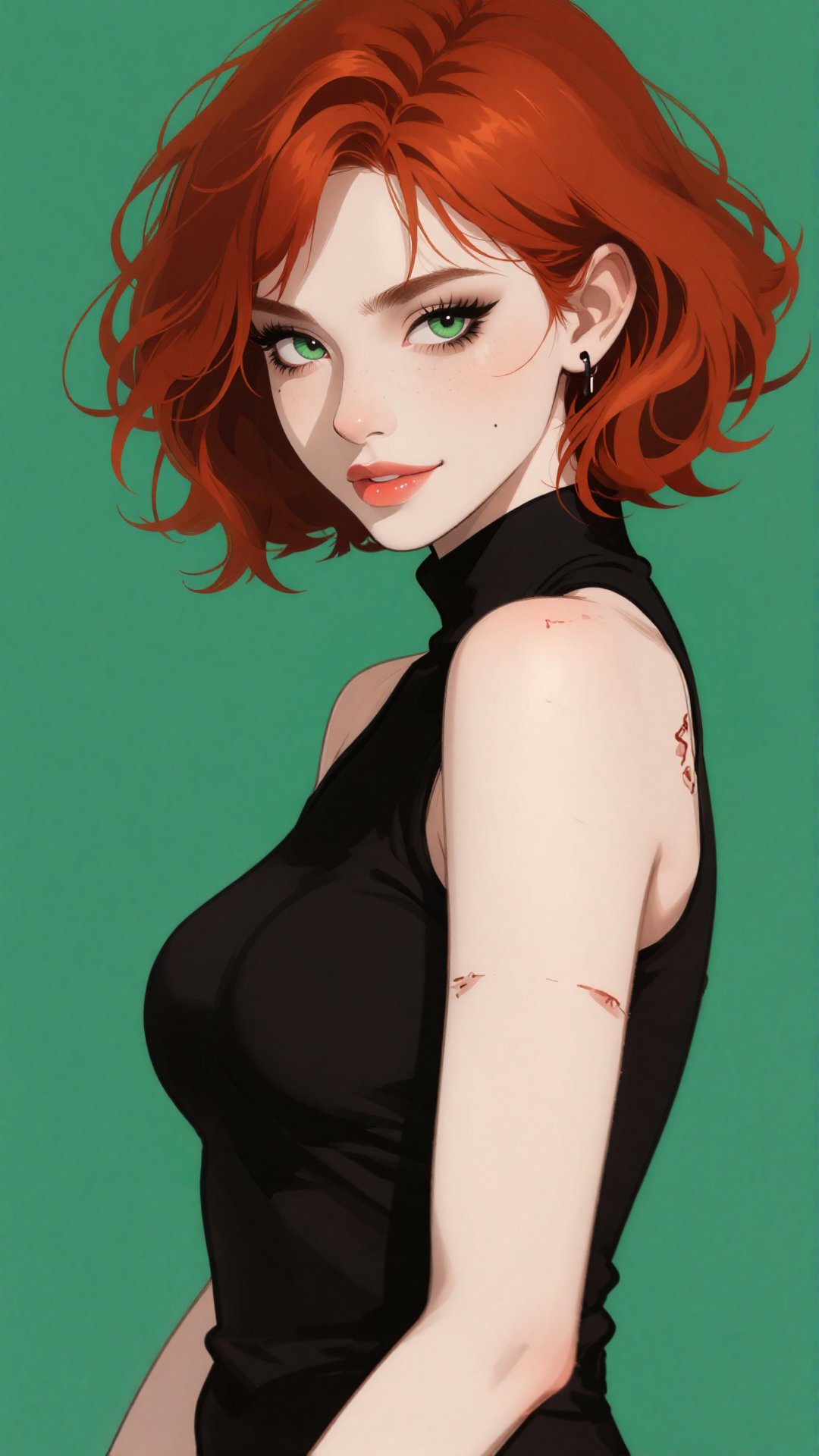 A digital illustration shoot from a portrait angle about a portrait of a woman with short,  wavy red hair and striking gre...