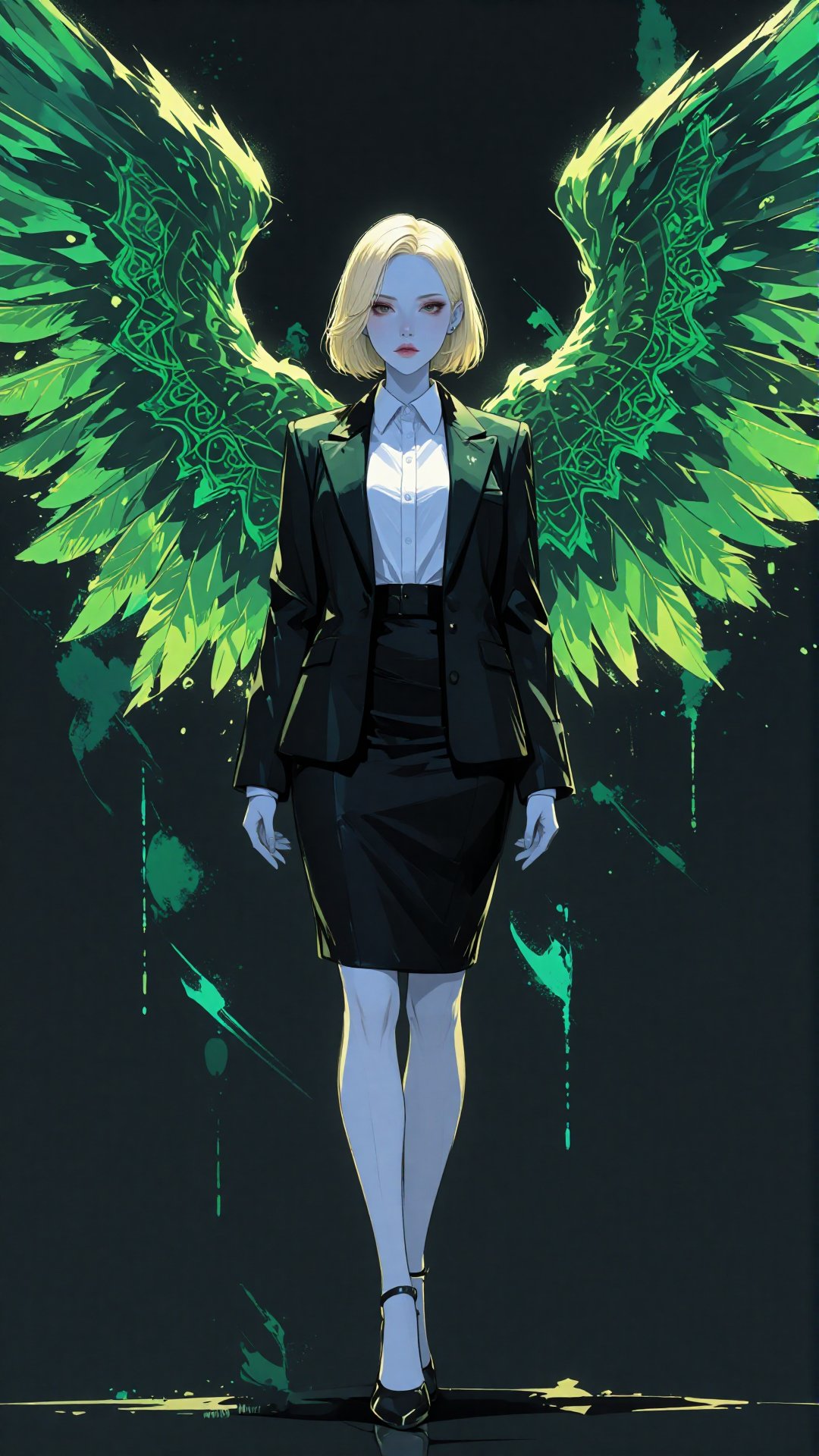 A digital illustration shoot from a frontal camera angle about a stylized female character with blue skin and large feathe...