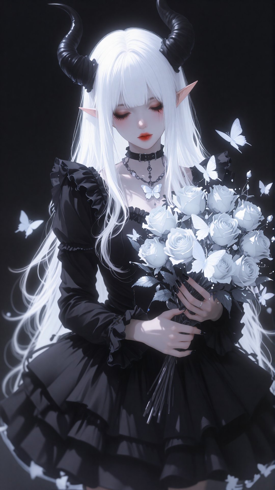A digital illustration shoot from a portrait angle about a demon girl holding a bouquet of roses with butterflies around h...